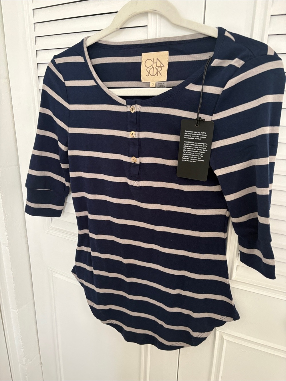 Chaser Navy and Cream Striped Henley Tee